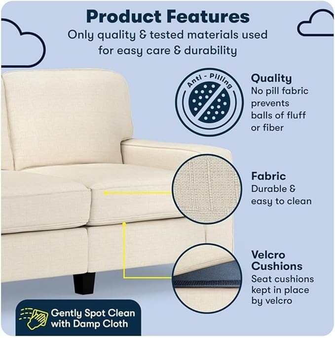 Pemberly Row 61 Track Arm Sofa Loveseat Buttercream Polyester Upholstery Removable Covers Compact Space-Saving Design Solid Wood Frame Modern Minimalist Style for Living Room or Home Office