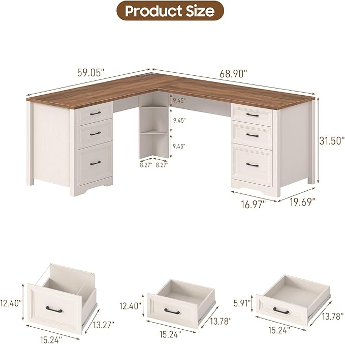 Vabches Wood L Shaped Executive Desk with 6 Drawers Farmhouse Home Office Desk with Power Outlets and Triangle Under-Desk Storage Shelf &amp Drawer File Cabinet Corner Computer Desk Brown