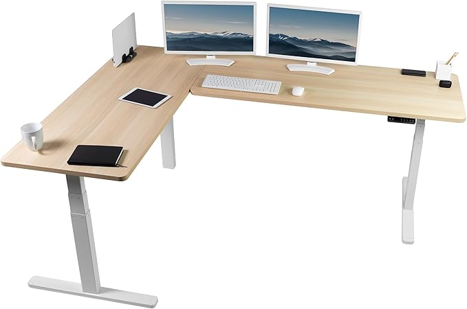 VIVO Electric Height Adjustable 83 x 60 inch Corner Stand Up Desk 2 Light Wood Solid Table Tops White Frame Memory Controller L-Shaped Workstation 3E Series DESK-KIT-3E8C
