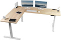 VIVO Electric Height Adjustable 83 x 60 inch Corner Stand Up Desk 2 Light Wood Solid Table Tops White Frame Memory Controller L-Shaped Workstation 3E Series DESK-KIT-3E8C