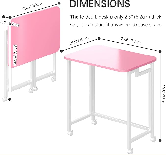 4NM 23.6 Mobile Small Rolling Computer Desk Folding Laptop Cart Table with Wheels Portable Office Desk for Small Space Couch Bed - Pink and White