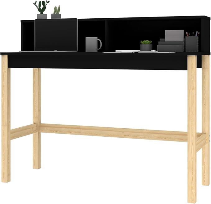Manhattan Comfort Bowery 47 Inch Mid Century Modern Home Office Desk Study Table or Entryway Furniture with 2 Cubbies and Rustic Wood Base Black/Oak