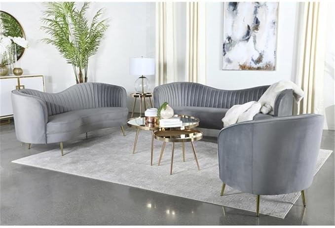Pemberly Row Contemporary Velvet Upholstered Accent Chair Gray Polyester Fabric with Gold Stainless Steel Legs 33H x 30.5W x 30.5D Mid-Century Glam Bucket Design for Living Room or Home Decor