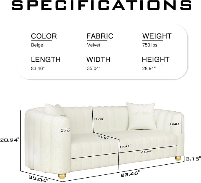 83 Velvet White Couch Modern Sofas for Living Room Cream Sofa 3 Seater Solid Wood Frame with Gold Metal Legs and Two Pillows Comfy Teddy Sofa ﻿