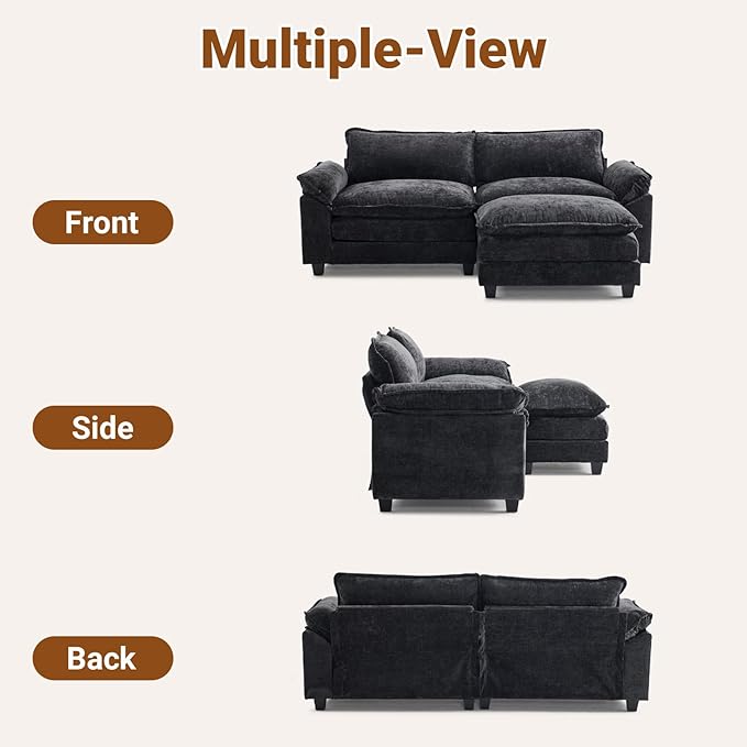 VINGLI 87 Convertible Sectional SofaL-Shape Deep Seat Sofa Couch for Living RoomModern Chenille 2 Seat Loveseat Sofa with Ottoman for Small Space(Black 87)