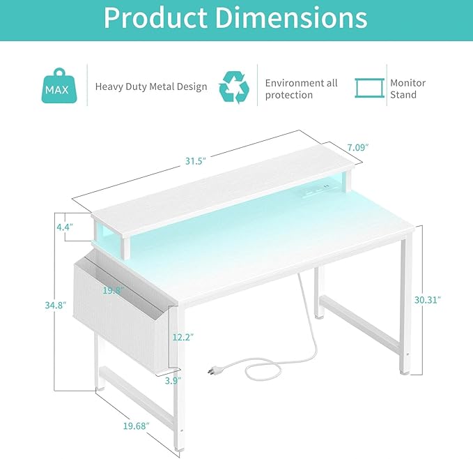 Lufeiya Small White Desk with LED Lights and Power Outlets 32 Inch Home Office Computer Desks with Monitor Stand Teen Writing Study Table Gaming Desk with Charging Station White