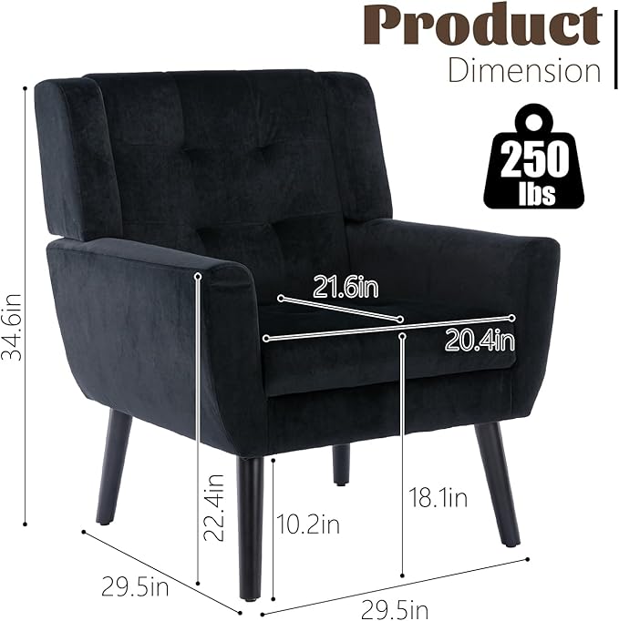 Modern Accent Chair Velvet Upholstered Armchair with Thick Padding Fluffy Comfy Reading Chair Cozy Living Room Chair with Black Wood Legs Single Sofa Chair for Home Office Bedroom Black
