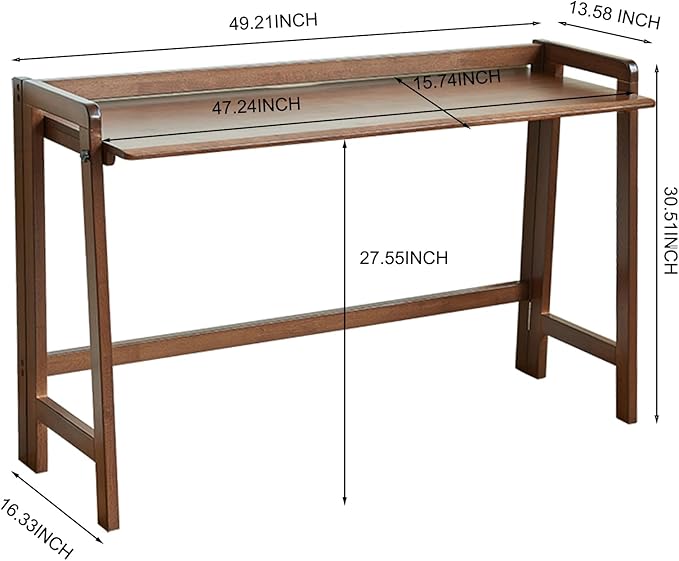 Solid Wood Folding Desk Mid Century Modern Table 47'' Foldable Writing Computer Desk for Home Office Simple Study Makeup Workstation Wooden Study Office Desk Table for Small Spaces Walnut Color