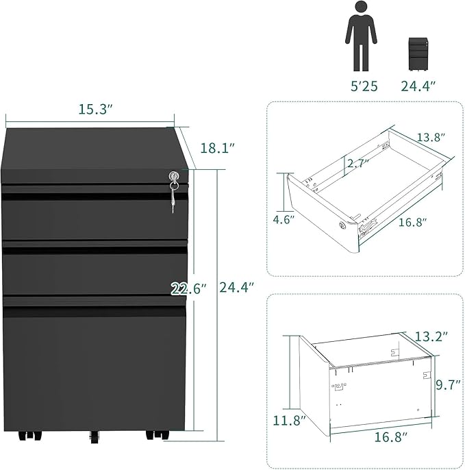 YITAHOME 3-Drawer Rolling Filing Cabinet Office Drawers Lockable Office Storage Cabinet with Hanging Bars and Pencil Tray Pre-Assembled Metal File Cabinet Under Desk (Black)