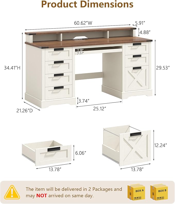 60 Farmhouse Executive Desk with 8 Drawers Wood Computer Desk with Keyboard Tray and Charging Station Home Office Desk Writing with File Drawer Fits A4 Size for Work and Study White and Brown
