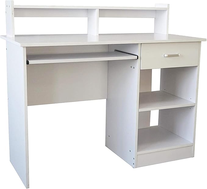 Computer Home Office Desk43 Inch Desk Study Writing Table with Storage Shelves Drawer and Keyboard StandGeneral Style Modern E1 15MM Chipboard Computer Desk (White)