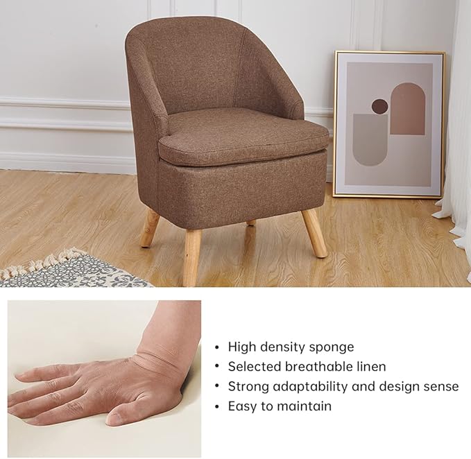 Cute Upholstered Accent Club Coffee Chair with Barrel Style Cotton Linen Like Fabric Round Single Sofa for Wooden Leg Living Room Bedroom Large