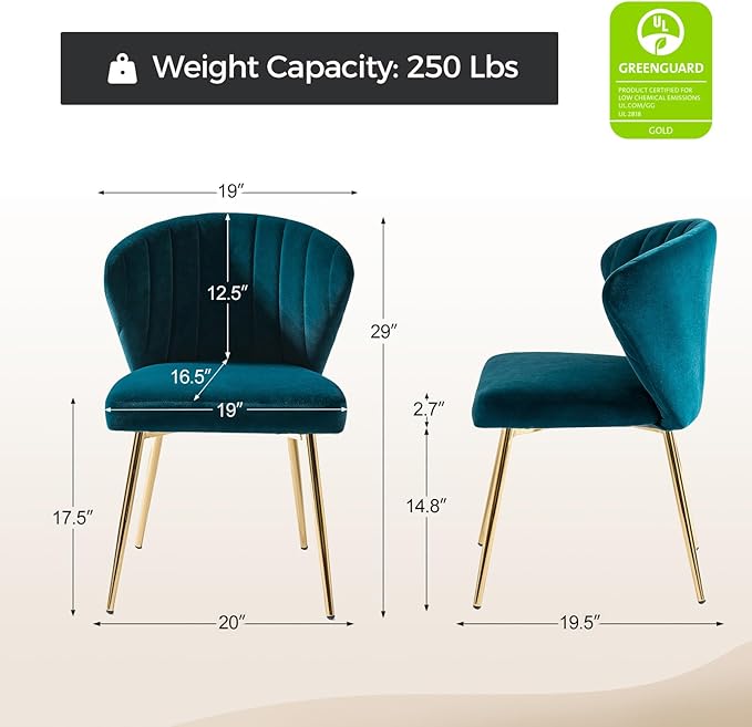 HULALA HOME Velvet Dining Chairs Modern Small Armless Accent Chair with Gold Metal Legs Living Room Upholstered Cute Side Chair Elegant Tufted Back Vanity Chair for Bedroom/Beauty Room-Teal