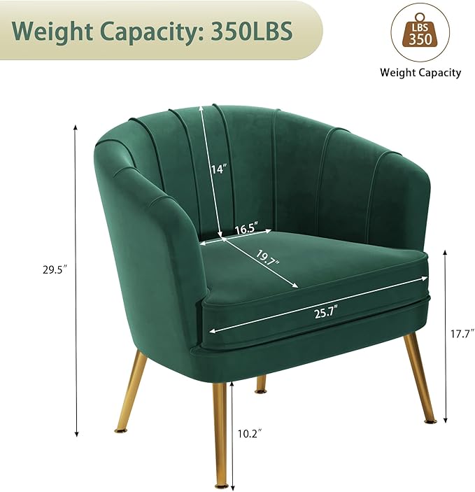 Andeworld Velvet Accent Chair Set of 2 Upholstered Modern Single Sofa Side ChairComfy Barrel Club Living Room Armchair with Golden Metal Legs for Bedroom Living Reading Room Office Green