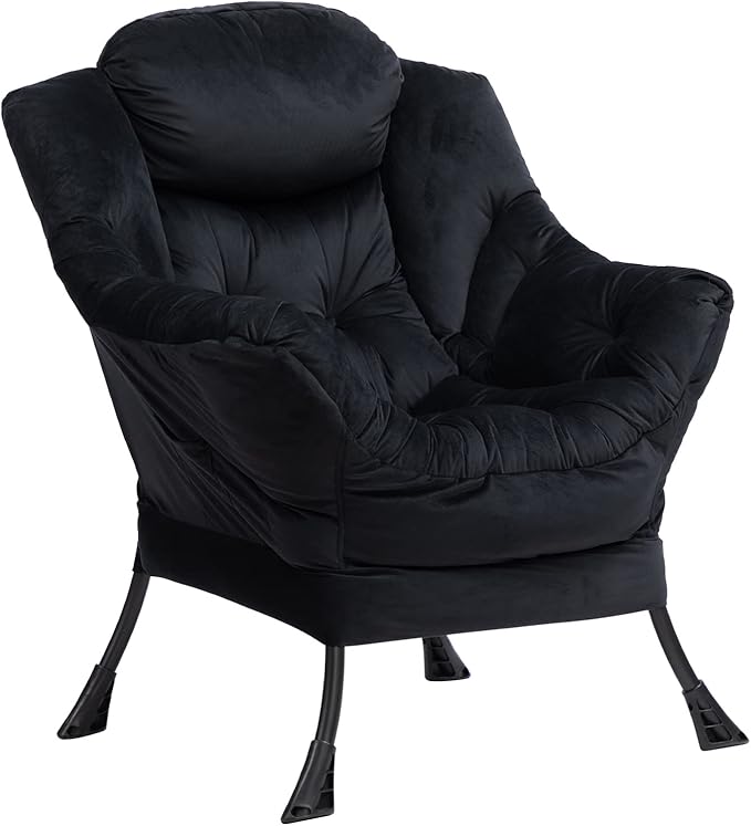 HollyHOME Lazy Chair with Armrest and Side Pocket Comfy Accent Lounge ChairLeisure Sofa Armchair for Living Room Bedroom Dorm or Small Spaces Oversized Reading Sofa ChairVelvet Black