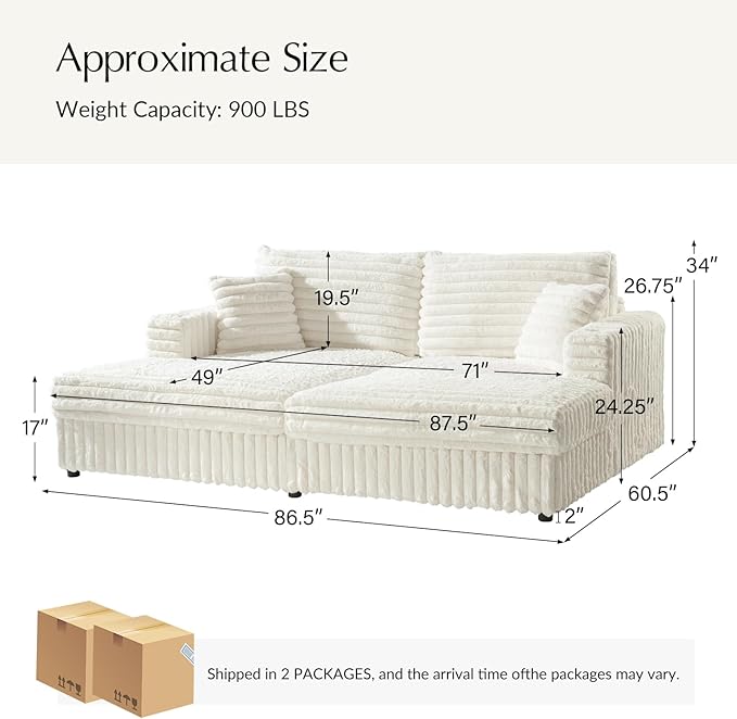 HULALA HOME 88 Double Chaise Lounge Sofa with USB Port and Cup Holder Oversized Cloud Couch with Faux Rabbit Fur Deep Seat Sleeper Sofa Bed for Living Room Bedroom Ivory