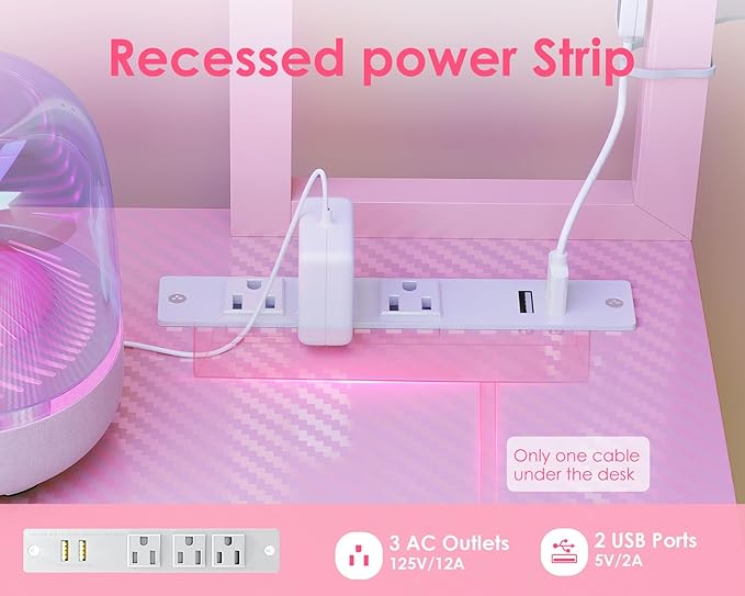 AODK L Shaped Desk Gaming Desk with LED Light &amp Power Outlet 53 Inch Reversible L Shaped Computer Table with Shelf &amp Storage Bag &amp Hook for Home Office Pink