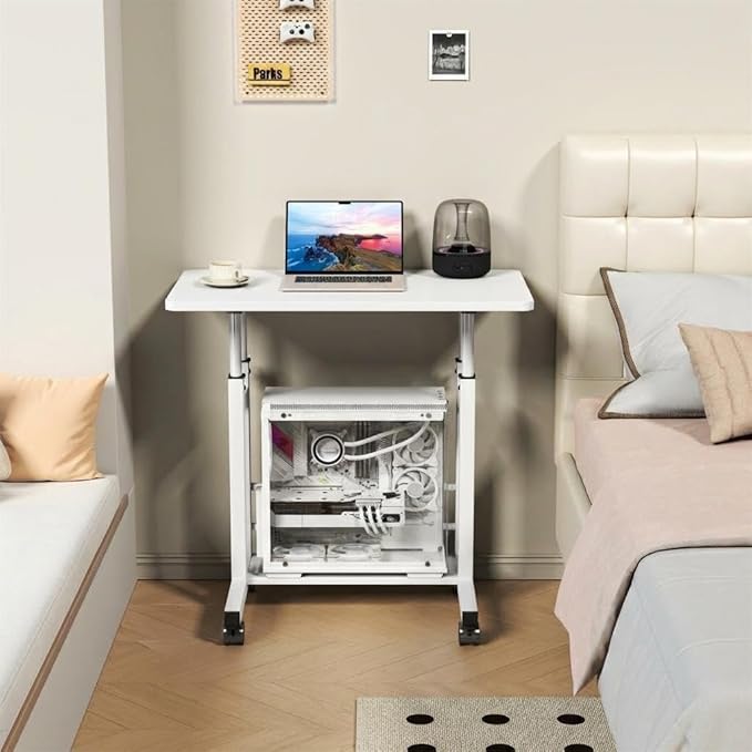 Adjustable Height Mobile Computer Desk for Small Space Rolling Writing with Wheels Corner Home Office Study Portable Bedrooms Work Desk Standing Table 31.5x15.75 Inches Height 27.16-35.43 White