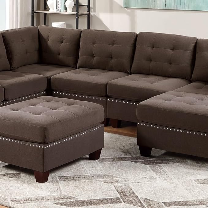 Living Room Furniture Tufted Armless Chair in Black Coffee Linen-Like Fabric Armless Cushion Chair with Nailheads and Wooden Legs