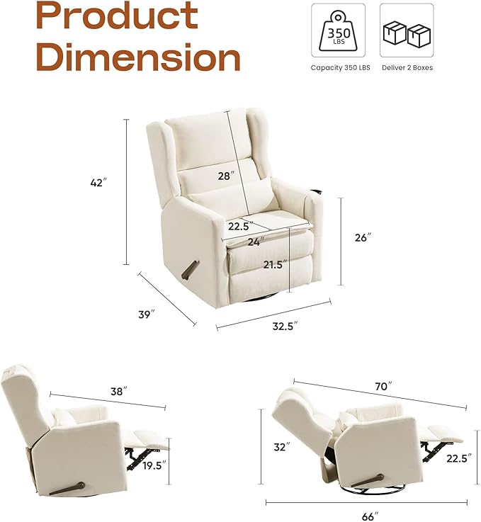 Swivel Rocker Recliner for Adults Glider Recliner Nursery Chair with Adjustable Headrest Manual Rocker Recliner with Cup Holder and Side Pockets White