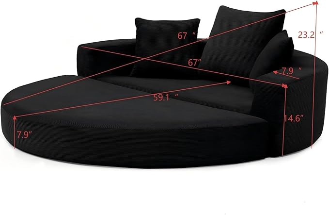 Folding Sofa Bed Corduroy Circular Boneless Couch No Assembly Convertible Sleeper Sofa with 3 Pillow Comfy Futon Sofa Bed for Apartment Office Bedroom Living Room Black