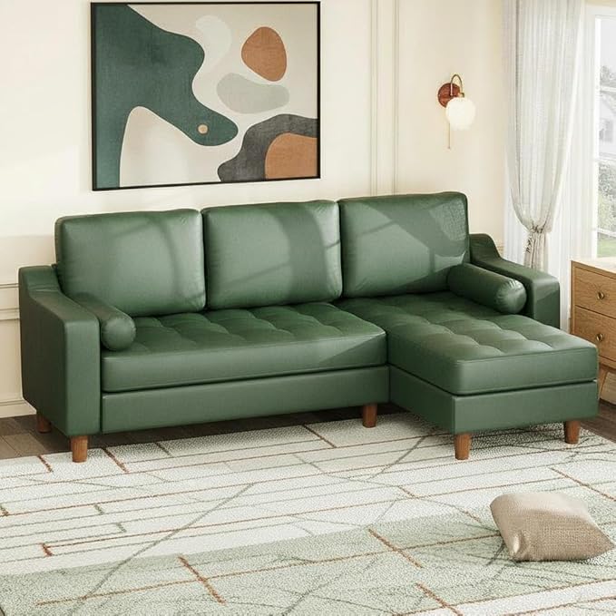 GarveeHome 88.9 L-Shape Sofa&ampCouch with Convertible Chaise Sectional Sofa with Deep Seat Modern Mid-Century Sofa for Living Room 3 Seat Comfy Leather Couch Green