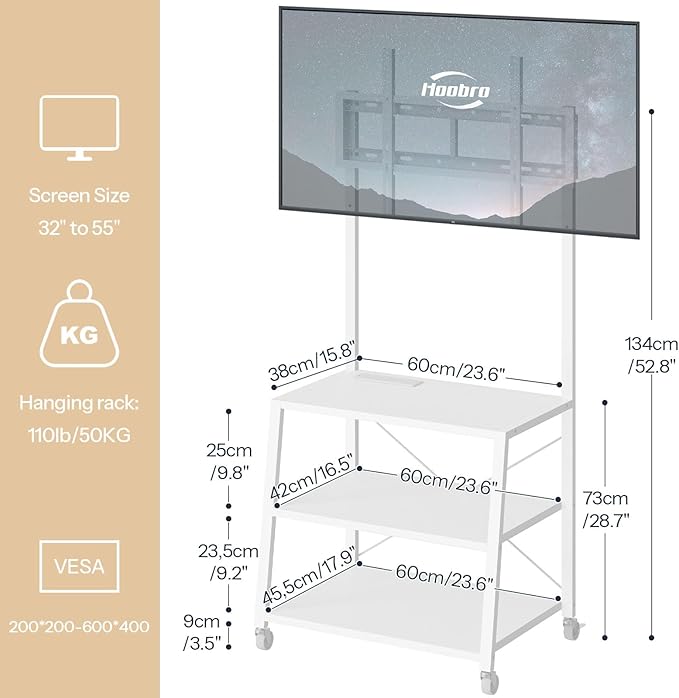 HOOBRO Rolling TV Stand with Mount and Power Outlet Up to 55 inch TV Corner Entertainment Center Small TV Stand with 3-Tier Storage Shelves for Living Room Bedroom White WW66UDS01