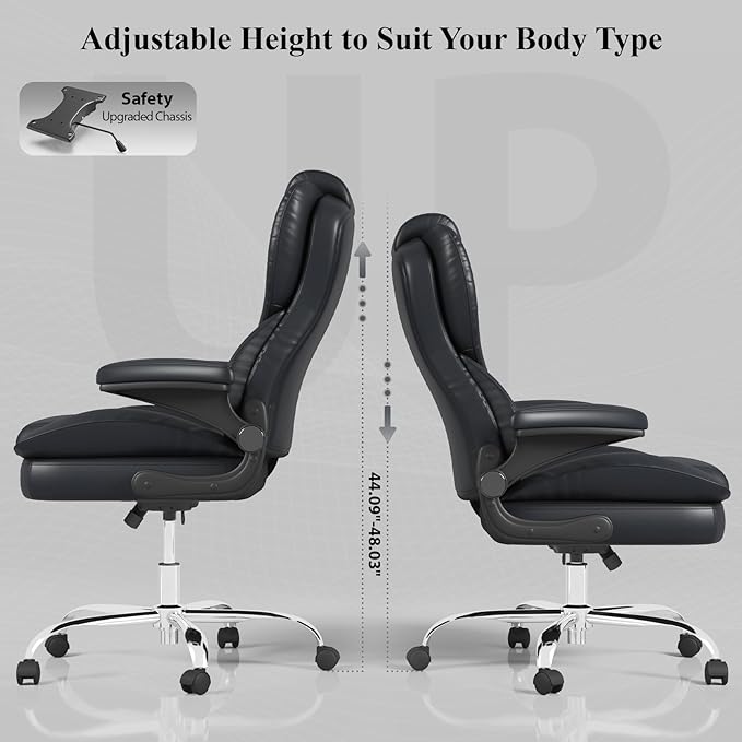 Office Desk Chair Executive Leather Office Chair High Back Ergonomic Home Desk Chair with Padded Flip-up Arms Big and Tall Computer Chair with Rocking Function 360°Swivel Free Black