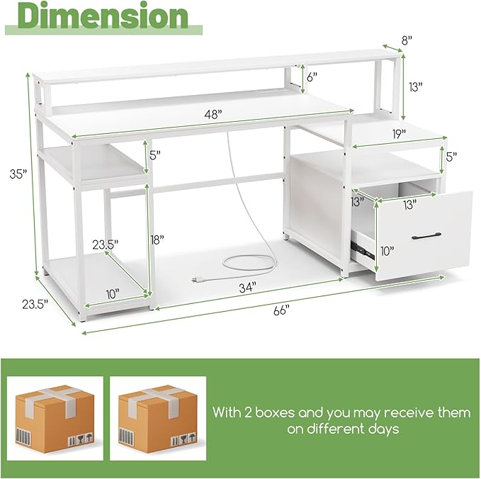 COSTWAY 66-inch Computer Desk with Power Outlet Office Desk with Monitor Stand Printer Shelf File Drawer CPU Stand Modern Home Office Desk Computer Workstation White