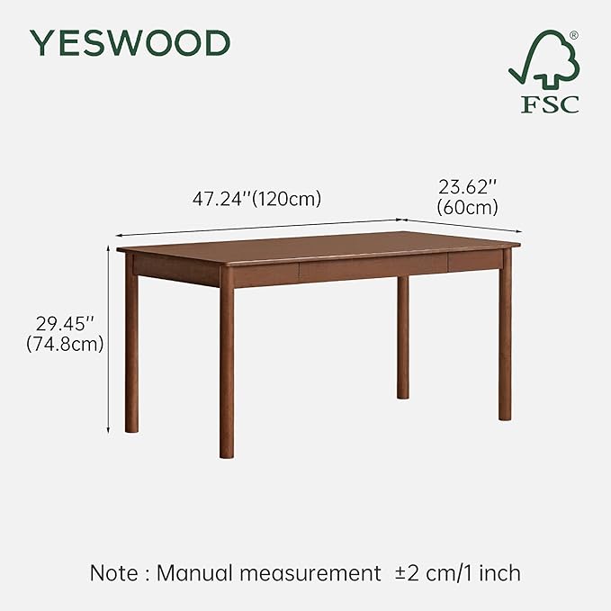 YESWOOD 100% Solid Wood Desk Mid Century Modern Computer Desk Home Office Writing Desk with Drawers for Study Living Room 47.24 W