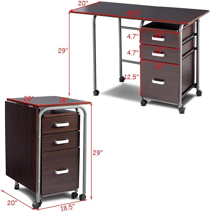 Tangkula Folding Computer Desk with 3 Drawers Mobile Home Office Desk Portable Laptop Desk Writing Table Space Saving Compact Desk for Small Spaces Dorm Apartment