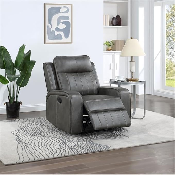 Pemberly Row Modern Faux Leather Upholstered Recliner Chair Manual Wall Hugger Gray 41.25 H x 35.75 W x 40.5 D Foam Padding Pocket Coil Spring Cushion Cozy Seating for Living Room or Home