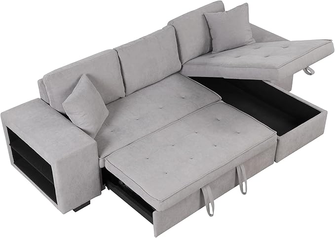 Flieks 104.5 inch Reversible Sectional Sofa with Storage Chaise2 Shelves2 Stools and 2 Tossing Cushions - 3 Seat Sleeper Contemporary Corner Sectional with Pull-Out Sleeper and Chaise