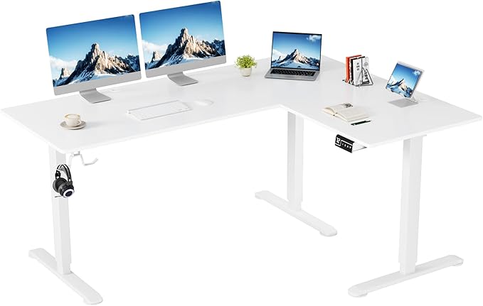 Shahoo L-Shaped Corner Standing Desk Electric Height Adjustable Table Home Office Workstation 63 x 48 Inch White