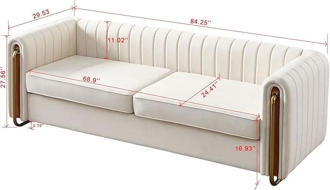 Dolonm Modern Velvet Sofa for Living Room 84 Inches Long Upholstered Sofa Couch with High Armrest and Metal Legs Decor Furniture for Bedroom Office (Beige)