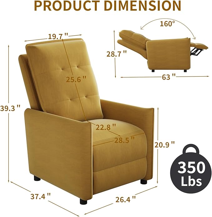Manual Recliner Chair for Adult Velvet Reclining Chair with Chunky Cushion for Small Space Comfortable Reclining Sofa for Living Room Bedroom Home Theater Easy Assembly (Yellow)