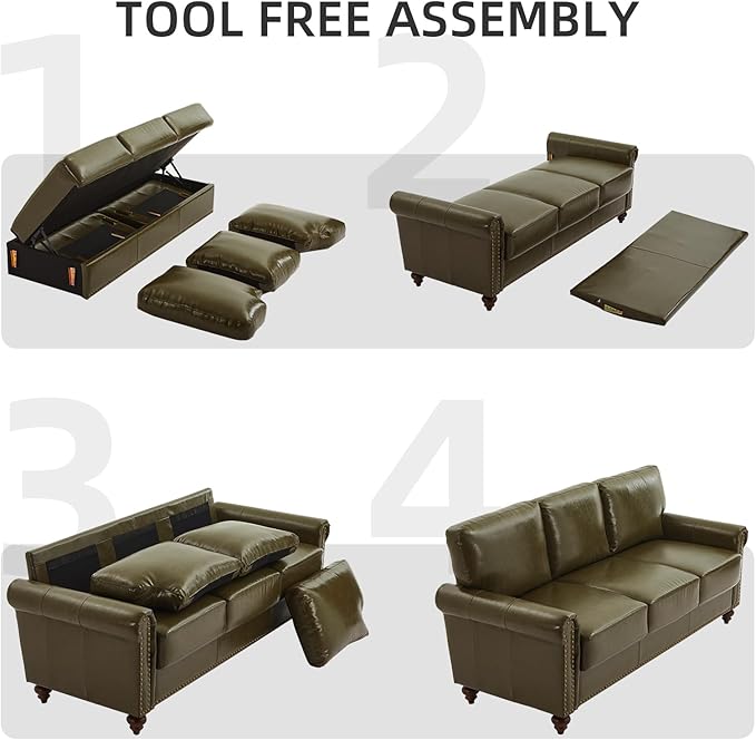 80 Faux Leather Sofa with Storage Mid-Century Modern Rolled Arm Couches for Living Room Furniture Easy Tool-Free Assembly Nailhead Trim(Dark Green)