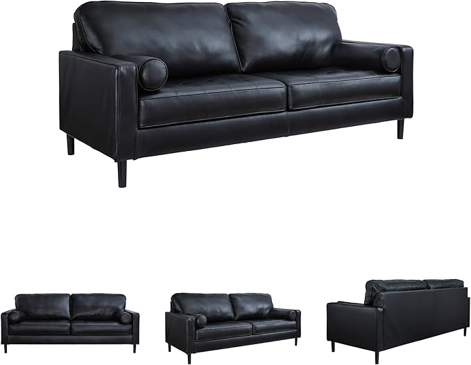 Signature Design by Ashley Bryceview Contemporary Leather Match Tufted Sofa with 2 Bolster Pillows Black