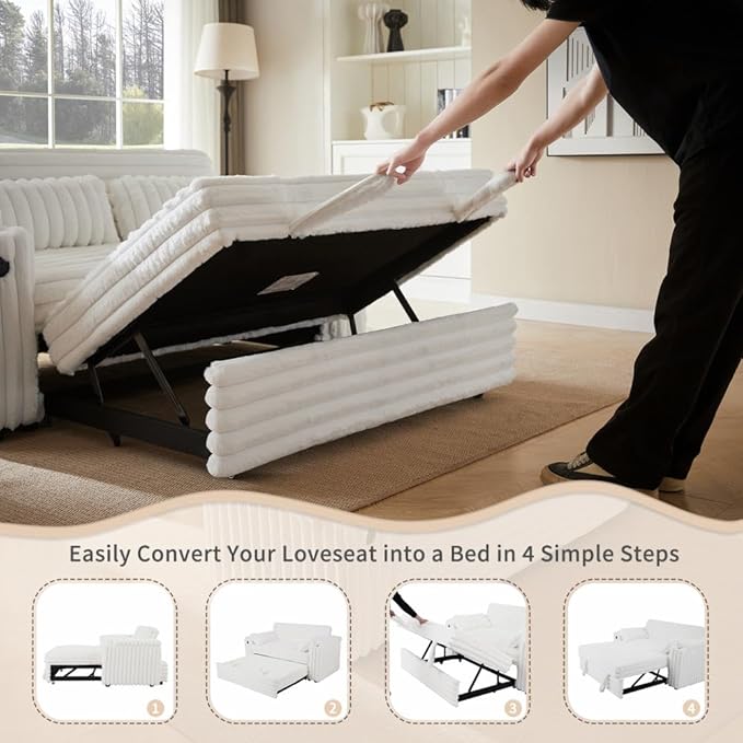 68 Corduroy Convertible Sofa Bed with USB Storage Armrests &amp Pillows – 3-in-1 Foldable Sleeper Chair Floor Couch for Living Room Bedroom Guest Room (ZY-1109-White)