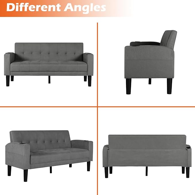 AILEEKISS 62 Loveseat Couches Upholstered Fabric Linen Love Seat Sofas Couch with 2 USB Cup Holders Side Pocket Modern Tufted Sofa for Living Room Office Bedroom Apartment (2-Seat Dark Grey)