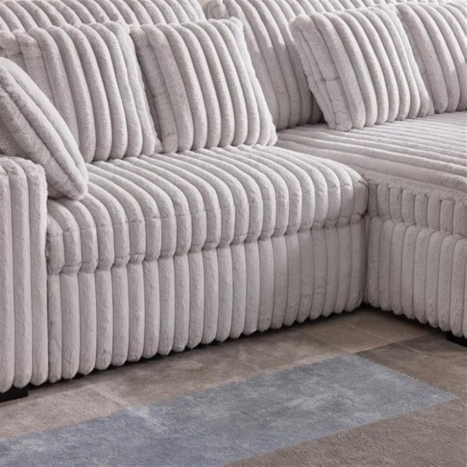 Pemberly Row 113 W Corduroy Fabric Cloud Convertible Sectional Deep Seat Sofa Slider with Power Recliner Glider USB Charging Ports and 6 Cushions in Presley Latte for Living Room