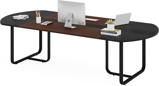 Tribesigns 70.86'' Modern Oval Executive Computer Desk with Two-Tone Finish Splicing Board Large Double Desk for Workstation Curved Home Office Desks for 2 Person (Walnut+Black)