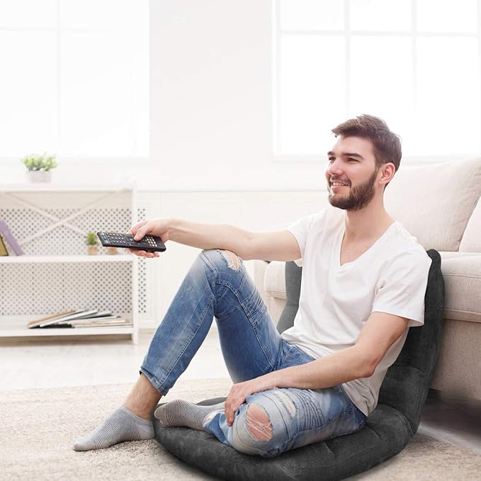 S AFSTAR Cushioned Floor Chair 14-Position Adjustable Padded Lazy Recliner with Comfortable Back Support and Skin-Friendly Cover Great for Reading Playing Game Meditating (Mysterious Black)