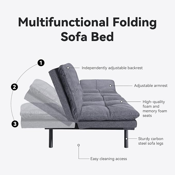 Opoiar Futon Sofa Bed Grey Fabric Memory Foam Leather Futon Split SeatModern Sleeper Love SeatFolding Modern Sleeper Sofa for Small Space/Drom/Office/Apartment