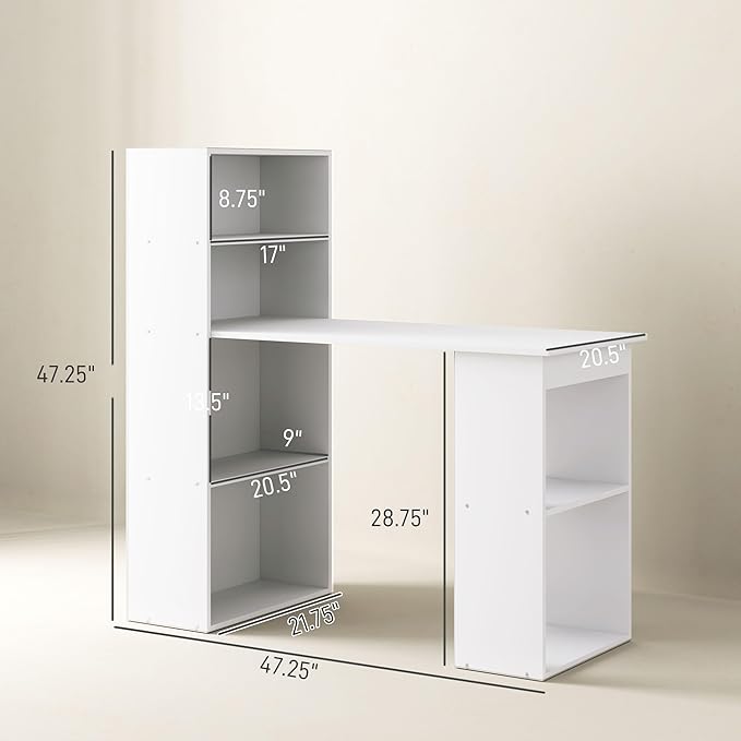 HOMCOM Modern Home Office Desk with 6-Tier Storage Shelves 47 Writing Desk with Bookshelf White