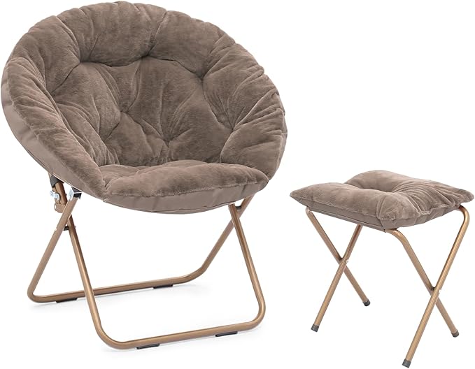 Athena Collection Round Saucer Chair with Ottoman Set for Adults Oversize Comfy Cozy Faux Fur Folding Reading Chair with Metal Leg Lazy Relaxing for Living Room Bedroom Dorm Apartment Beige