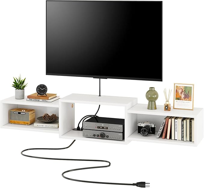 IBUYKE Floating TV Stand Wall Mounted with Power OutletModern Wood Wall Mounted Media Console ShelfFloating Entertainment Center for Under TV Storage for Living Room Bedroom OfficeWhite WST001W