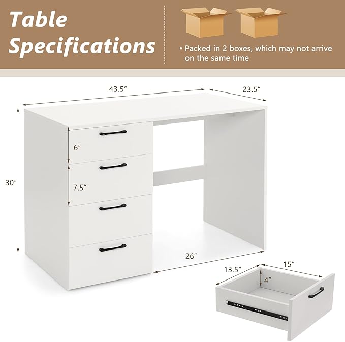 COSTWAY White Computer Desk with 4 Large Drawers Home Office PC Desk Workstation for Writing Modern Computer Table for Bedroom Study Living Room