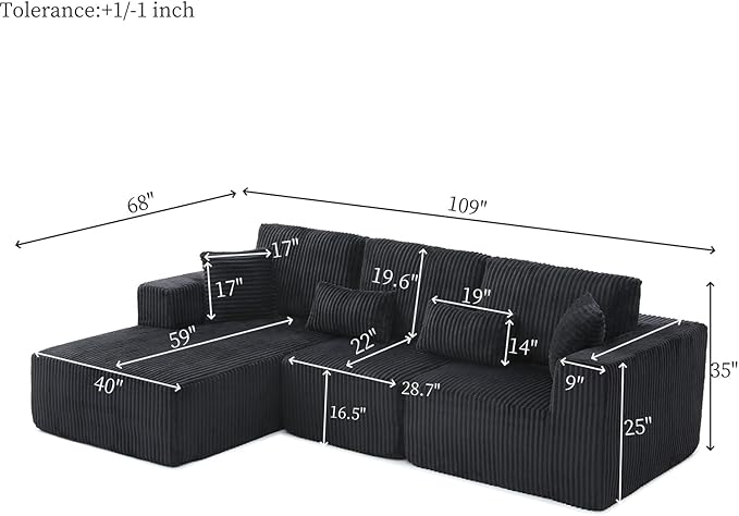 110 Inch Cloud Sectional Couch Modular Sectional Sofa with Deep Seat Corduroy Upholstered Boneless Couch for Living Room Bedroom Left Facing Chaise No Assembly Required (Black)