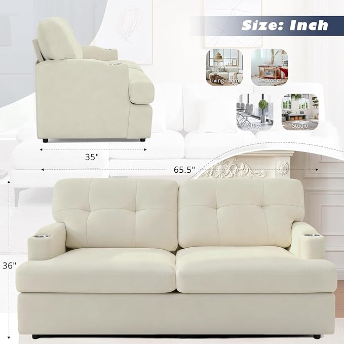 65.5 Chenille Modern Sofa with Cup Holder Tufted Upholstered Couch with Thickened Cushions Comfy 3 Seater Sofa with Deeper Seat for Living Room ApartmentBeige